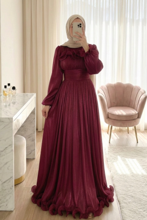 Beli Drapeli Kolu Lastikli Göğsü Ve Eteği Fırfır Detaylı Janjan Abiye  -Bordo