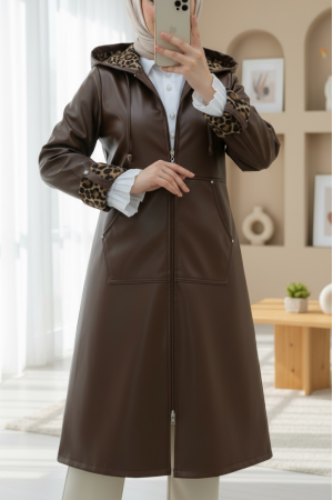 Fermuarlı Kolu Katlamalı Deri Kap  -Kahve