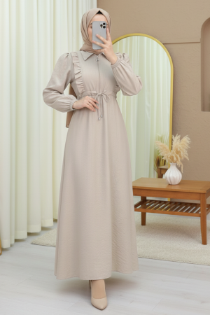 Half Buttoned Tunnel Laced Dress with Ruffle Front   - Beige