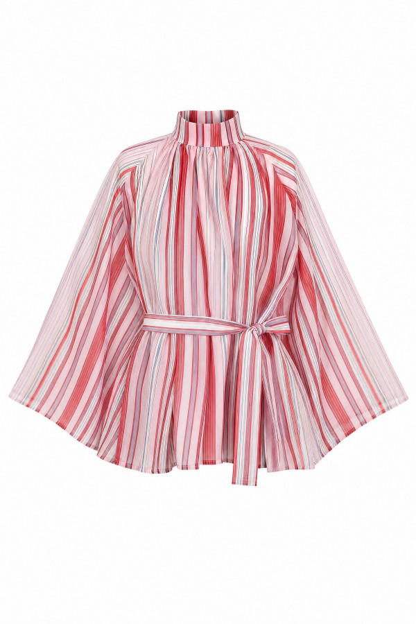 Stand Collar Striped Lined Oversize Thin Voile Tunic  -Dried rose