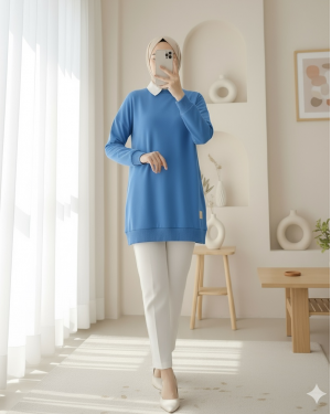 Crew Neck Slit Sweatshirt  -Blue