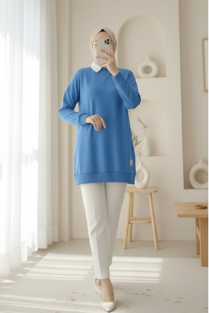 Crew Neck Slit Sweatshirt  -Blue