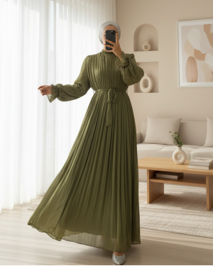 Kolu Lastikli Gül Broşlu Kemerli Janjan Şifon Abiye -Haki