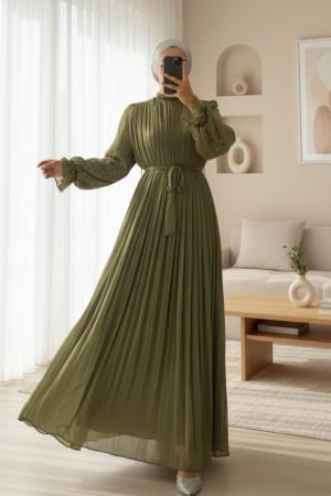 فستان سهرة شيفون من جانجان بأكمام مرنة ودبوس ورد وحزام -خاكي