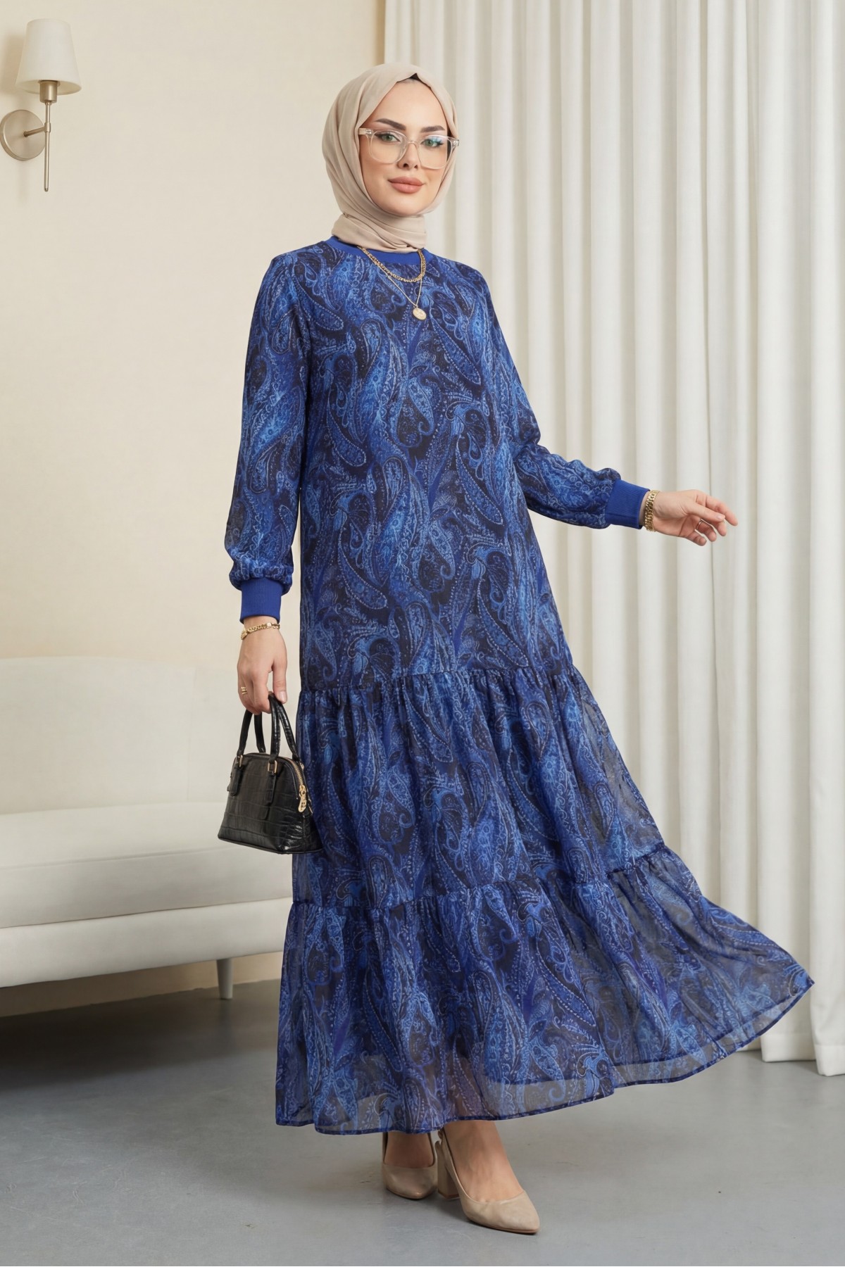Ethnic Pattern Skirt Piece Lined Chiffon Dress -Navy blue