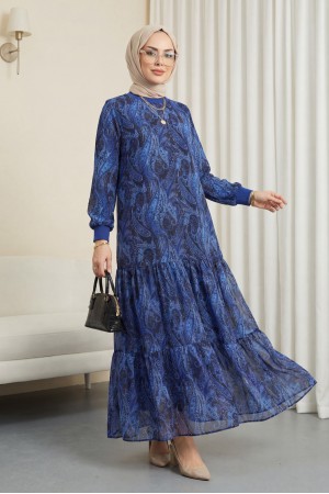 نمط العرقية تنورة قطعة اصطف فستان شيفون -كحلي