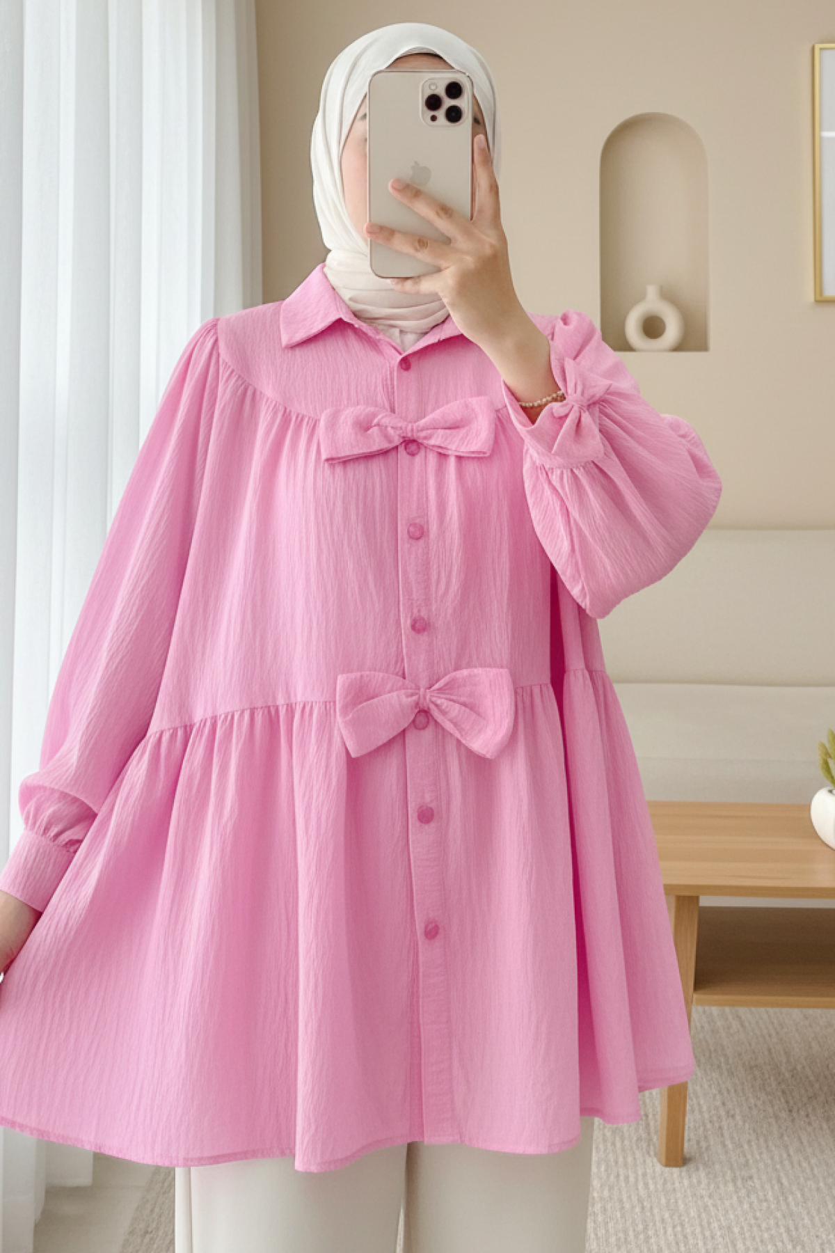 Front Bow Detailed Piece Shirt -Pink