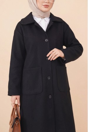 Boydan Düğmeli Cepli Kaban -Siyah