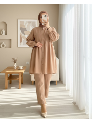 Robadan Büzgülü Dantel İşlemeli Keten Takım    -Karamel