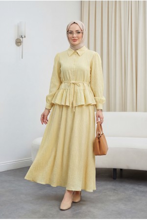 Eteği Fırfırlı Düğmeli Beli Bağcıklı Etekli Takım -Sarı