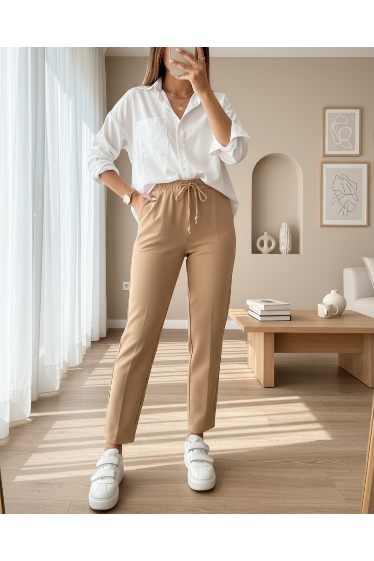 Elastic Waist Double Pocket Lacing Detail Trousers       -Light Mink