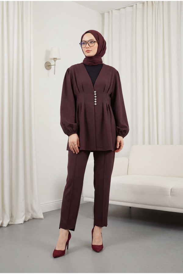 Taşlı Düğmeli Kolu Lastikli Double Pantolonlu Takım  -Koyu Bordo
