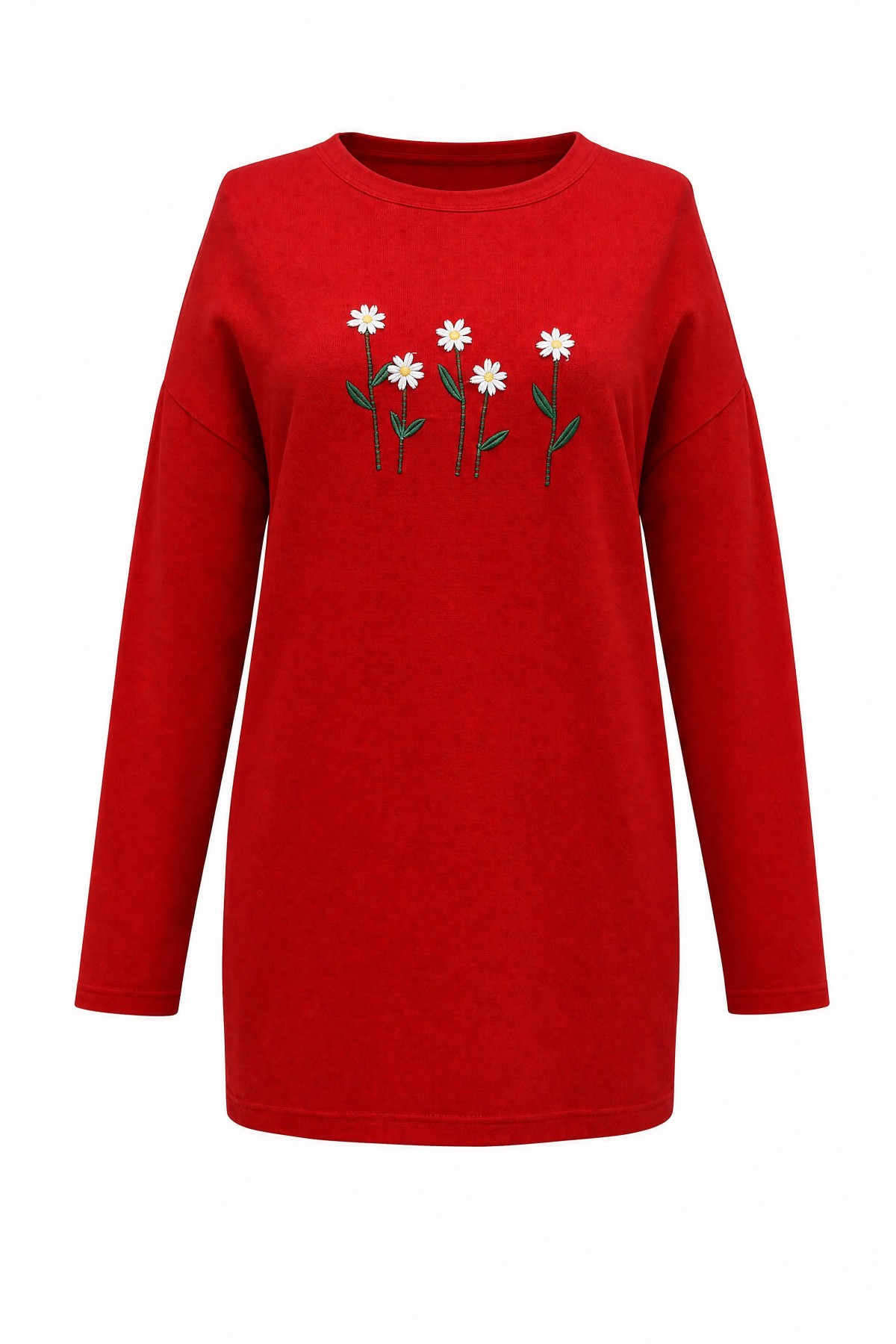 Round Neck Cotton Tunic with Daisy Embroidery  -Red