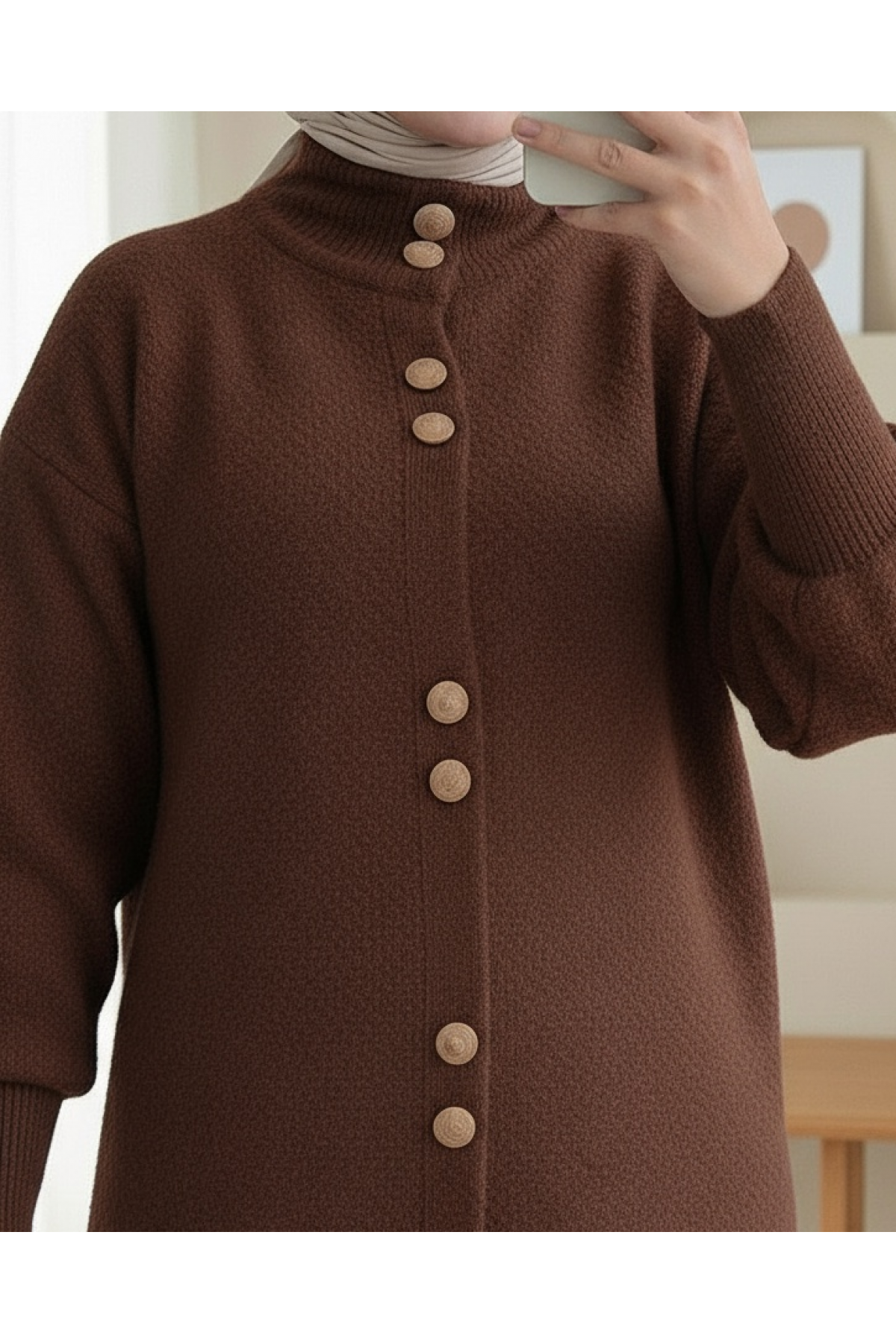 Buttoned Front Long Bearded Soft Cardigan -Brown