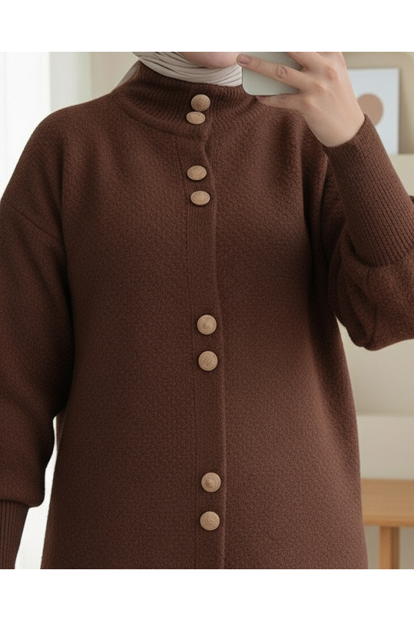 Buttoned Front Long Bearded Soft Cardigan -Brown