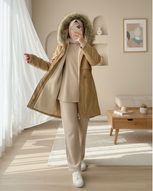 Bolero Detaylı Kürklü Kapşonlu İçi Peluşlu Mont -Vizon