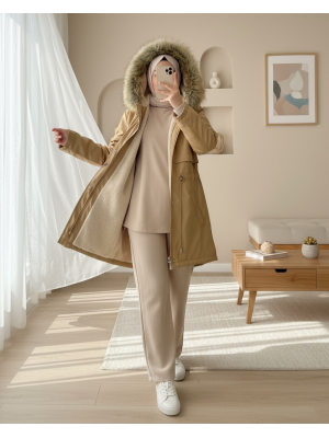 Bolero Detaylı Kürklü Kapşonlu İçi Peluşlu Mont -Vizon