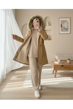 Bolero Detaylı Kürklü Kapşonlu İçi Peluşlu Mont -Vizon