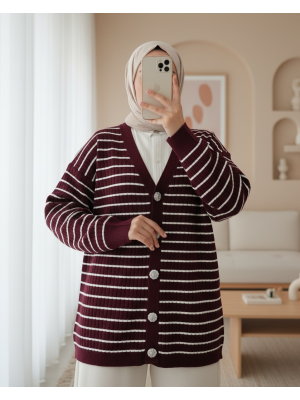 Taş Detaylı Düğmeli Triko Hırka  -Bordo