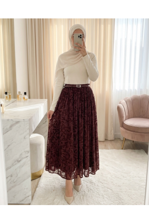 تنورة من الأورجانزا مبطنة، مزودة بحزام، منقوشة -بوردو غامق