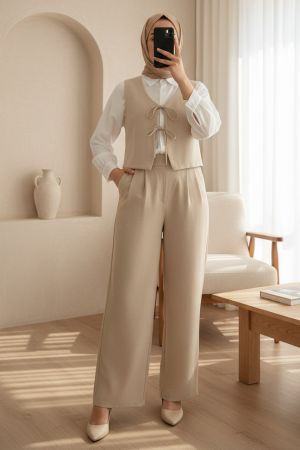 Önü Bağcıklı Pantolon Yelek İkili Keten Takım -Vizon