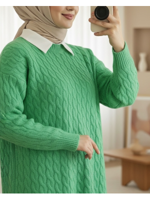 Yuvarlak Yaka Saç Örgü Yırtmaçlı Triko Tunik -Yeşil