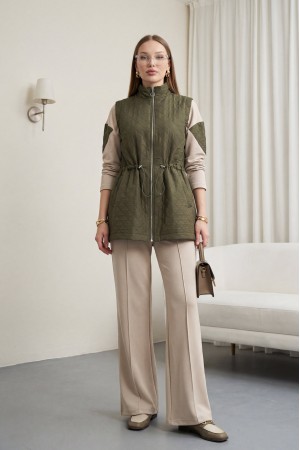 Three-Piece Cotton Jersey Set with Quilted Vest and Striped Trousers -Khaki