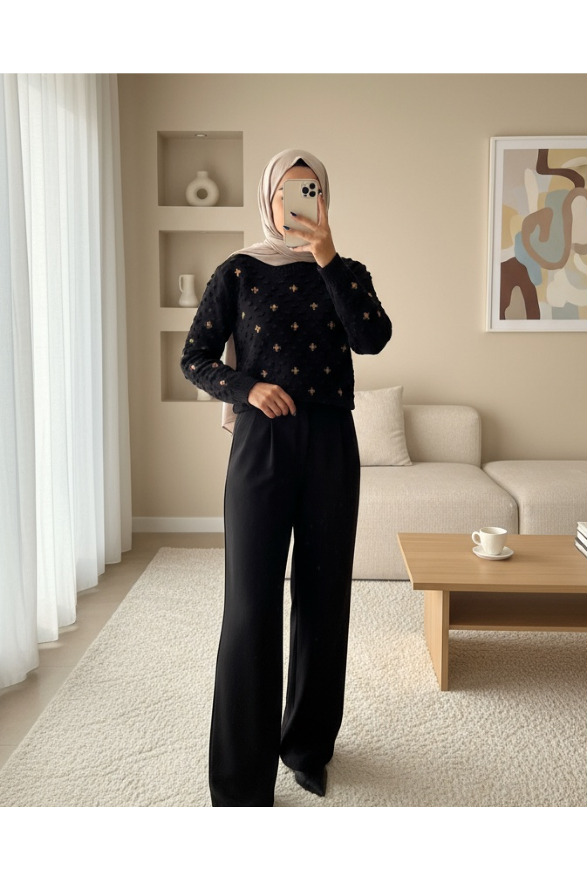 Front And Sleeves Pompom Knitwear Sweater -Black