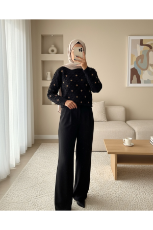 Front And Sleeves Pompom Knitwear Sweater -Black