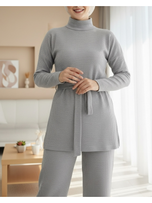 Yarım Boğazlı Kuşaklı Fitilli Takım  -Açık Gri