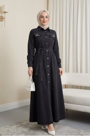Taş Detaylı Boydan Düğmeli Kot Elbise -Siyah