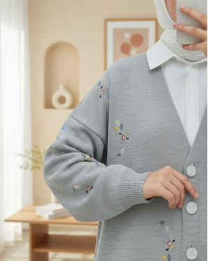 Floral Embroidered Shiny Buttoned Knit Cardigan -Grey