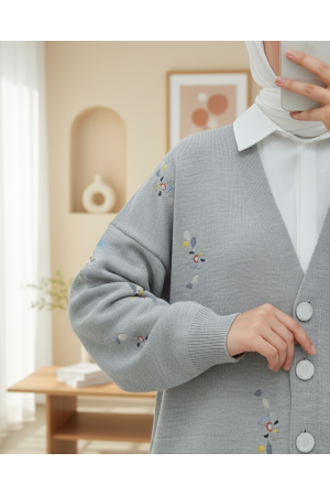 Floral Embroidered Shiny Buttoned Knit Cardigan -Grey