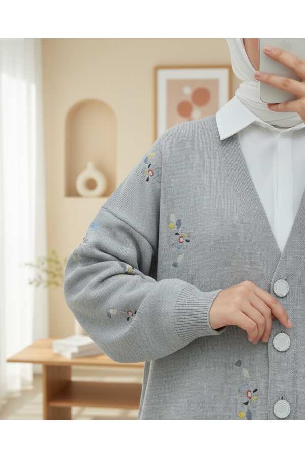 Floral Embroidered Shiny Buttoned Knit Cardigan -Grey