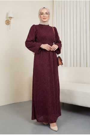 Kolu Lastikli Sim Çizgili Kemerli  Elbise -Bordo