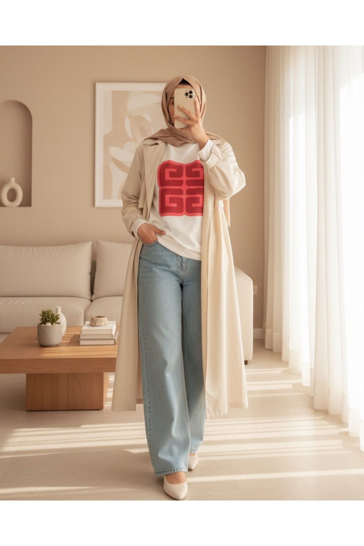 Letter Printed Crew Neck Raised Sweat -White