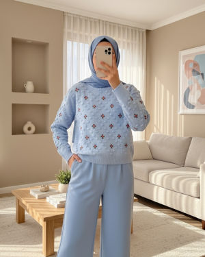 Front And Sleeves Pompom Knitwear Sweater -Light blue