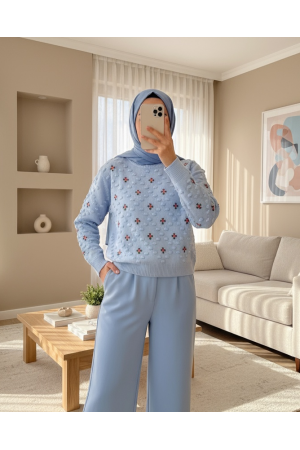 Front And Sleeves Pompom Knitwear Sweater -Light blue