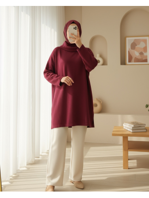 Balıkçı Yaka Yırtmaçlı Selanik Tunik  -Bordo