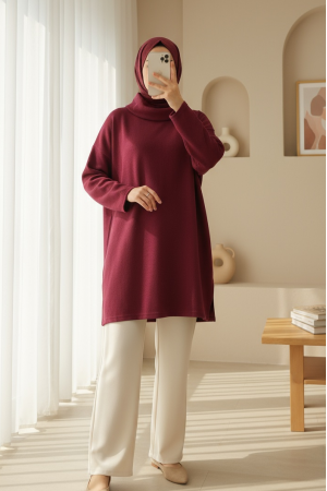 Balıkçı Yaka Yırtmaçlı Selanik Tunik  -Bordo
