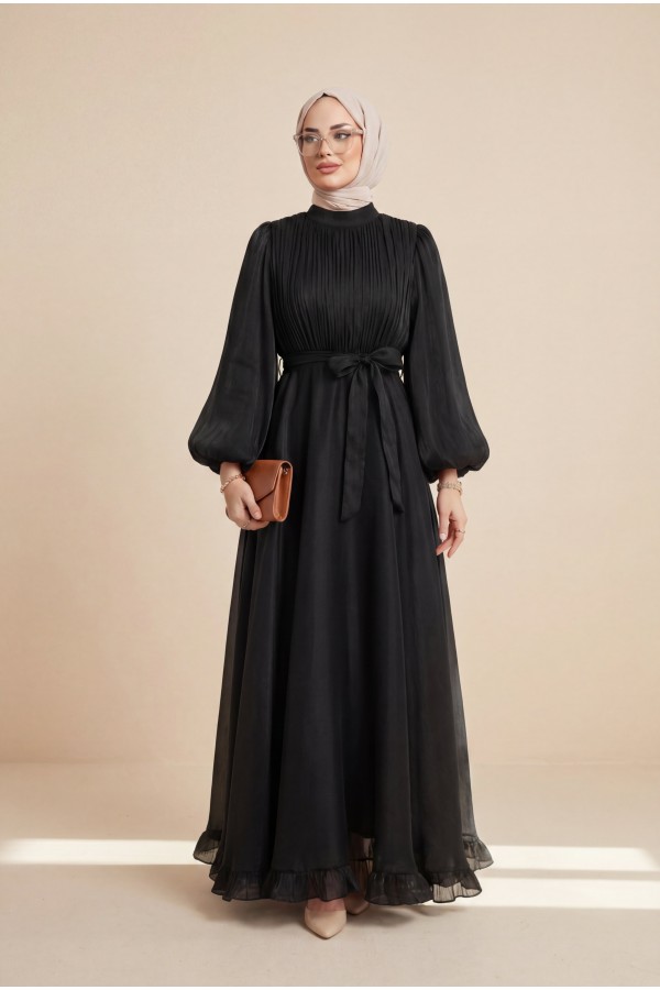 Shimmering Chiffon Dress with Ruffled Skirt and Belt -Black