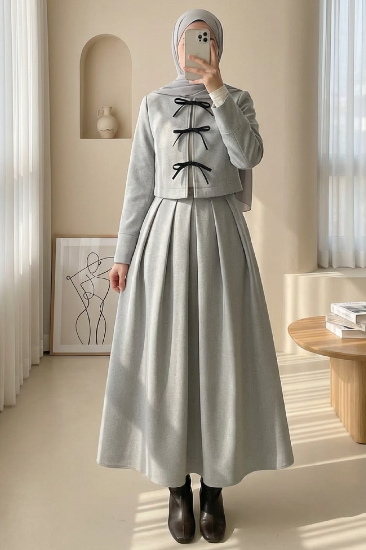 Pleated Zippered Cashmere Skirt    - Light grey