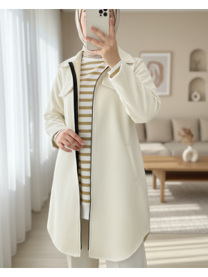 Yan Cepli Fermuarlı Kaşe Kap -Ekru