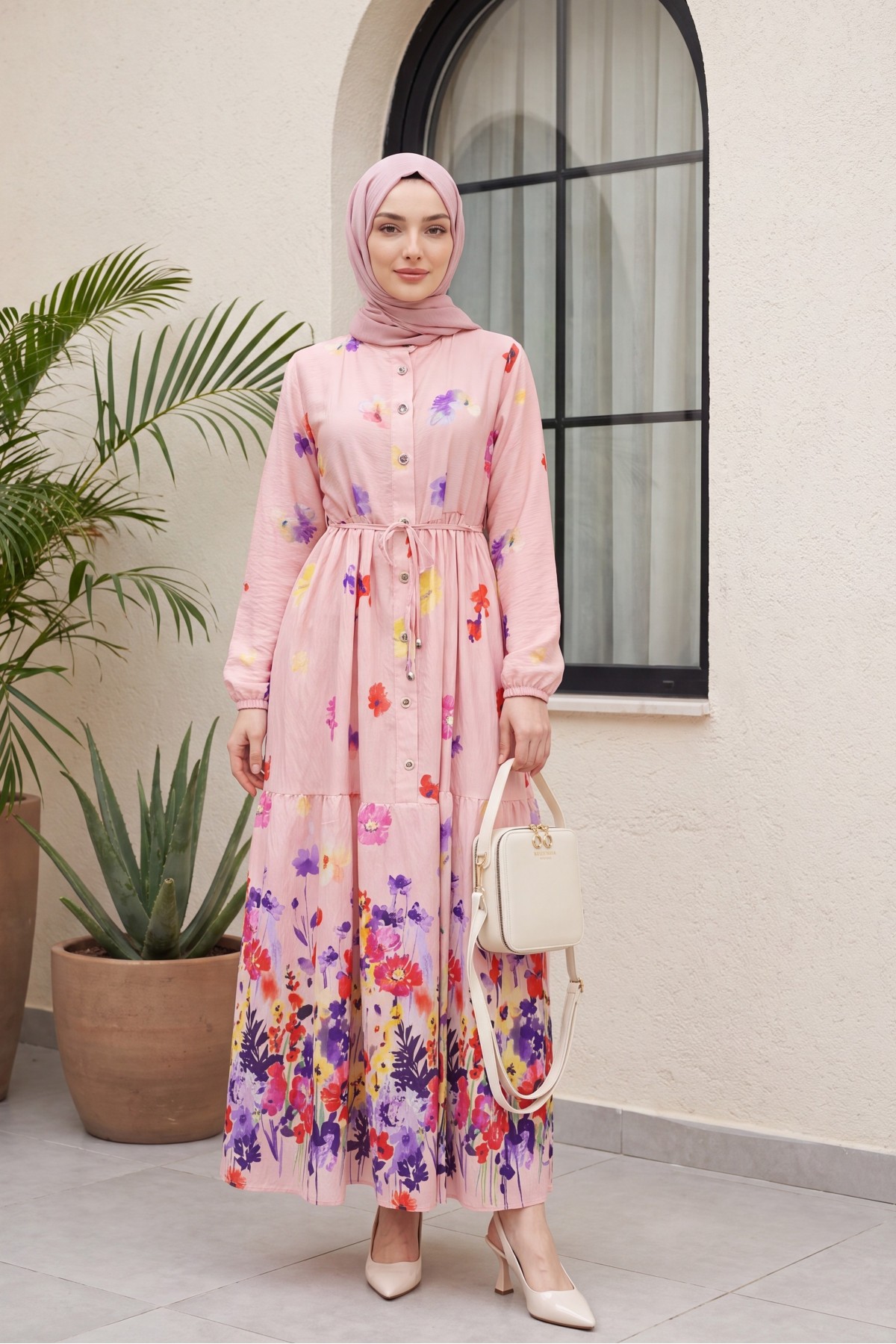 Floral Patterned Polycotton Dress with Elasticated Sleeves, Half Button Closure and Belt  -Powder