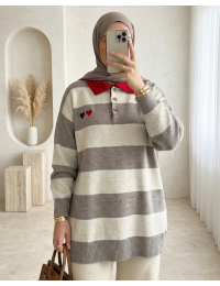 Gömlek Yaka Düğmeli Kalp Nakışlı Triko Tunik -Toprak