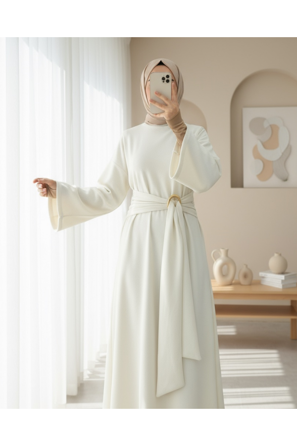 Stand Collar Buckled Laced Long Selanik Dress -Cream color