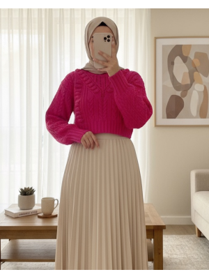 Kabartma Desenli Ajurlu Triko Kazak -Fuşya