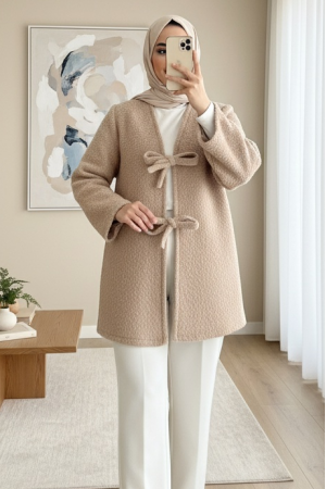 Önü Bağlamalı Sakallı Kimono -Bej