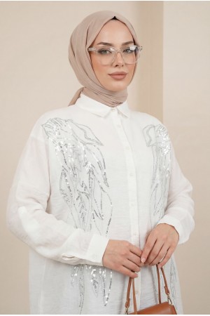 قميص الترتر بنمط أوراق الشجر -أبيض