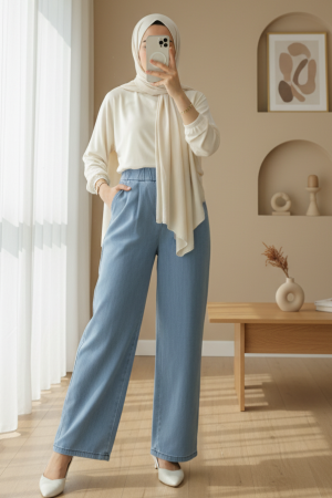 Çift Cepli Beli Lastikli Cırtlı Pileli Pantolon  -Açık Mavi